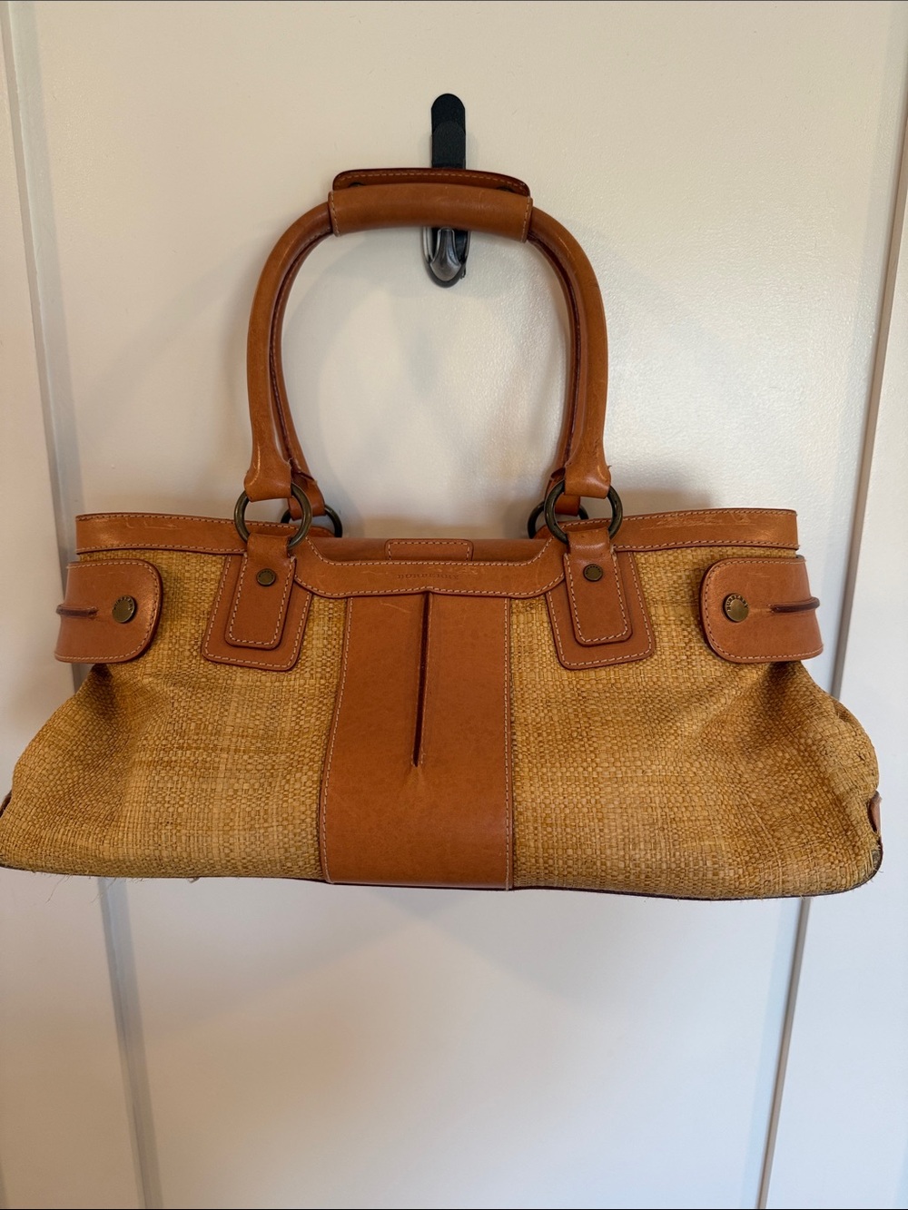 Vintage Burberry Woven Straw Purse with Leather Trim